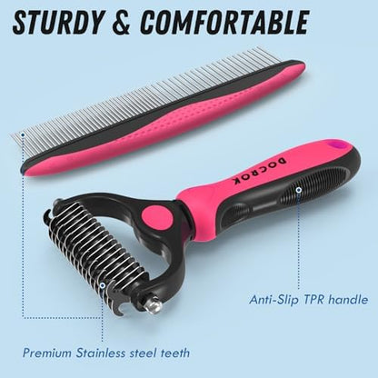 Docrok Pet Grooming Brush and Metal Comb Combo for Dogs & Cats, Pink - Image 6