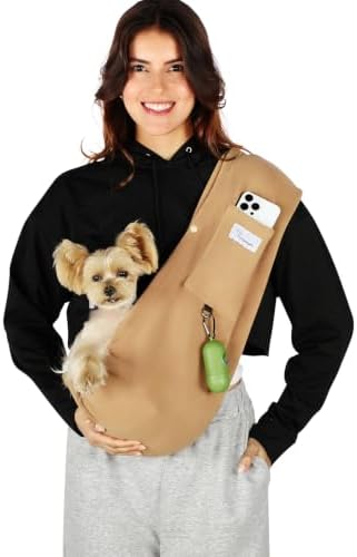 Dog Carrier Sling,Indoor Comfort Adjustable Cat Sling Carrier,with Front Pocket and Seat Belt Dog Carriers for Small Dogs Machine Washable,Suitable for Family Outdoor Use (Medium, Khaki) by Unknown