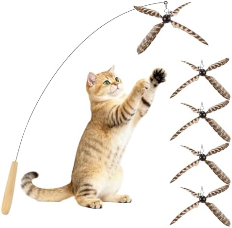 Cat Wand Toys Interactive for Indoor Cats, 4PC 4-Blade Feather Propeller Refills, 1PC Cat Wand (Wild-Style Brown) by Unknown