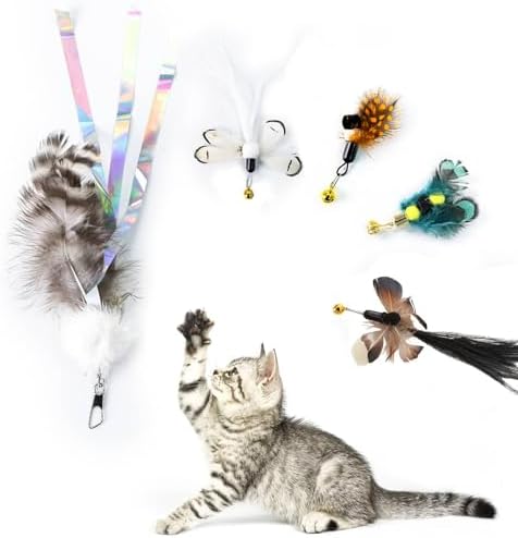 Cat Insect Feather Toys Replacement Cat Toy Wand Refills, 6 Pieces Natural Insect Cat Toy Feathers Refill, Interactive Cat Teaser Wand Attachments, with Bell - Image 4