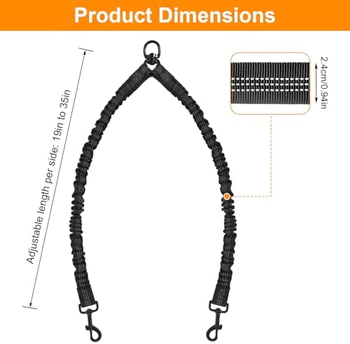 Double Dog Leash, 360° Swivel No Tangle Dog Leash for 2 Dogs, Black Shock Absorbing Reflective Bungee Double Leashs for Medium Dogs Walking Training - Image 2