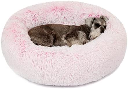 Friends Forever Donut Dog Bed Faux Fur Fluffy Calming Sofa For Medium Dogs, Soft & Plush Anti Anxiety Pet Couch For Dogs, Machine Washable Coco Pet Bed with Non-Slip Bottom, 30"x30"x7" Pink by FriendsForever