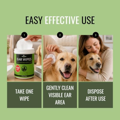NOVEHA 150PCs Dog Ear Cleaner Wipes, Daily Ear Cleaner for Dogs & Cats - Stop Ear Itching with Aloe, Eucalyptus & Witch Hazel Ear Wipes for Dogs - for Odor Control, Dirt and Wax Removal, Unscented - Image 5