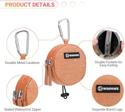 Dog Poop Bag Holder for Leashes- Dog Treat Pouch with Waterproof Zipper,Puppy Training Small Bag with Carabiner & Bungee Toggle,Two Pockets for Dry or Wet Treats-Pet Travel Walking Essentials (Orange) - Image 3