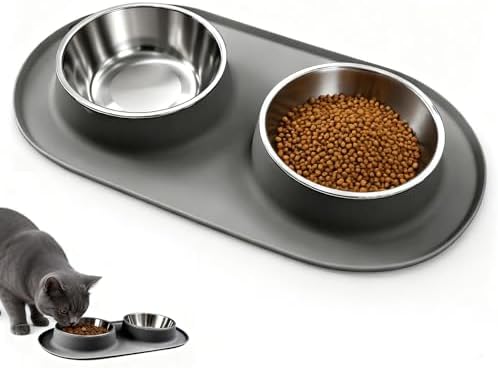 Double Cat Food Bowls with Silicone Base, Stainless Steel Dishes, Non-Slip Feeding & Water Station, Easy-Clean Pet Bowls for Cats, 1.75-Cup Capacity Each, Grey by Unknown