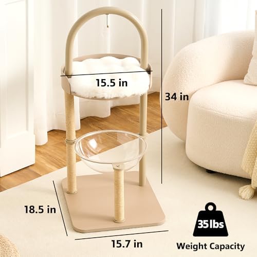 34" Modern Cat Tree Furniture for Indoor Small & Medium Cats, Minimalist Cat Tower with Scratching Posts, Wood Platforms, Capsule Perch, Stable Steel Frame & Washable Cushion, Cream Beige - Image 5