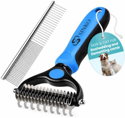 Sinko Shedding Brush for Dog and Cat, Undercoat Rake & Comb with Extra-Wide Double-Sided Stainless Steel Teeth for Deshedding, Brushing, Removing Loose Fur, Knots, Mats & Tangles in Pets (Blue) by Sinko
