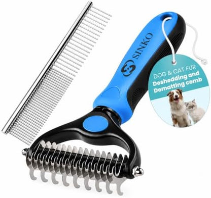Sinko Shedding Brush for Dog and Cat, Undercoat Rake & Comb with Extra-Wide Double-Sided Stainless Steel Teeth for Deshedding, Brushing, Removing Loose Fur, Knots, Mats & Tangles in Pets (Blue) by Sinko