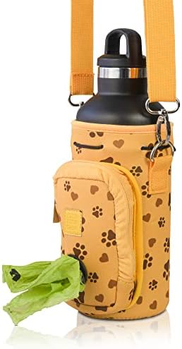 Made Easy Kit Water Bottle Carrier with Pocket for Dog Poop Waste Bags and Adjustable Padded Shoulder Strap (Large (32oz) with Bowl, Yellow, Paws & Hearts) - Image 6