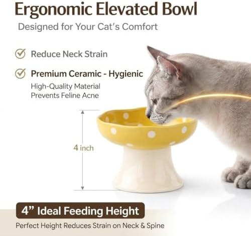 Elevated Ceramic Cat Bowls Set of 2, Mushroom Raised Wide & Shallow Cat Food and Water Bowls, Whisker Friendly Feeding Bowls for Cats & Small Dogs (Red+Yellow) - Image 2