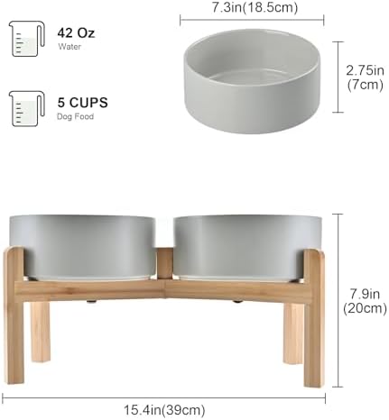 SPUNKYJUNKY Elevated Dog Bowls Ceramic, 7.3'' Dogs Food Water Bowls Raised with Non-Slip Bamboo Stand for Medium to Large Sized Breed Microwave Dishwasher Safe - 42 OZ,Grey - Image 2