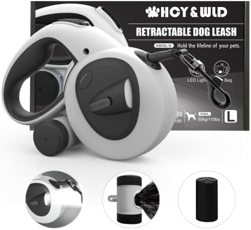 4-in-1 Retractable Dog Leash with LED Light & Dispenser & Poop Bags by HCY%26WLD
