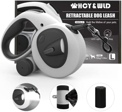4-in-1 Retractable Dog Leash with LED Light & Dispenser & Poop Bags by HCY%26WLD
