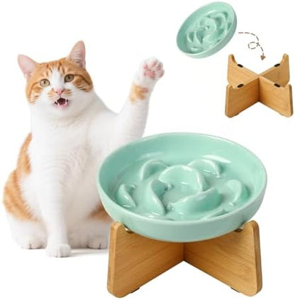Elevated Ceramic Slow Feeder Cat Bowl, 6.3'' Wide Whisker Friendly by PTOBER