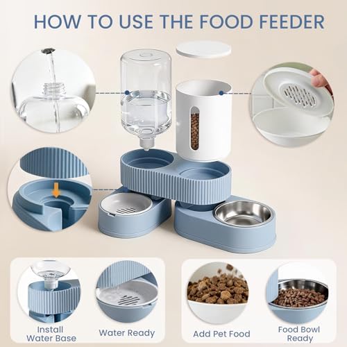 Gravity Cat Feeder and Water Dispenser 2 Pack Automatic Stainless Steel Feeder Bowls with Silicone Mat and Brush Set, Dry Food and Water Dispenser for Cats Small Medium Dogs(Blue) - Image 3