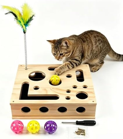 Huntmic Wooden Cat Toys Scratch Puzzle Enrichment Box, Interactive Cat Toy with Sandpaper Inside and Bell Ball, Cat Claw Saver Interactive Toy Stress-Free Alternative to Clippers & Grinders by Huntmic