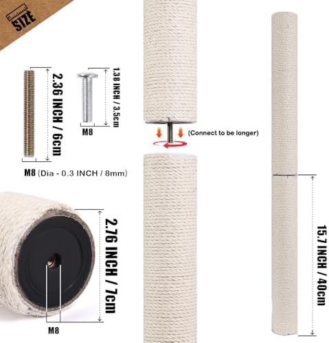 OSPNIEEK 4 Pack 15.7" M8 Cat Scratching Post Replacement, Natural Sisal Rope Kitten Tree Scratcher Refill with Screws, DIY Hemp Scratch Pole Parts for Indoor Cats Tower Refurbishment Accessories - Image 6