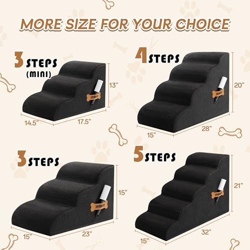 Romrol Dog Stairs Ramp for Beds Couches, Extra Wide Pet Steps with Durable Non-Slip Waterproof Fabric Cover, Dog Slope Stairs for Small Dogs and Cats or Pets Friendly, 3-Tiers, 13 Inch,Black - Image 2