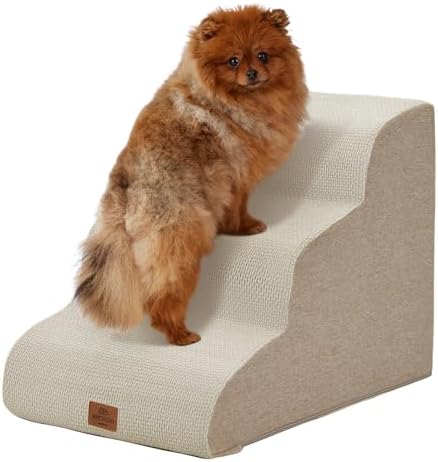 Joydeco Dog Stairs for Bed 17.1" H, 3-Step Pet Steps for Small Dogs and Cats, Dog Steps for High Bed, Non-Slip Balanced Ramp Indoor Pet Stairs, Beige by JOYDECO