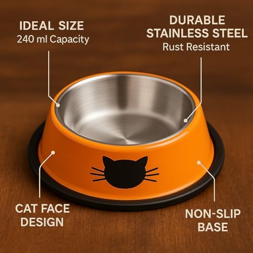 2 Pack Printed Stainless Steel Cat Bowls – 8.1 fl oz Anti-Skid Food & Water Cat Feeding Bowls|Cat Dish for Food and Water Bowl|Cat Feeding Bowl for Kitten (Black & Orange) - Image 4