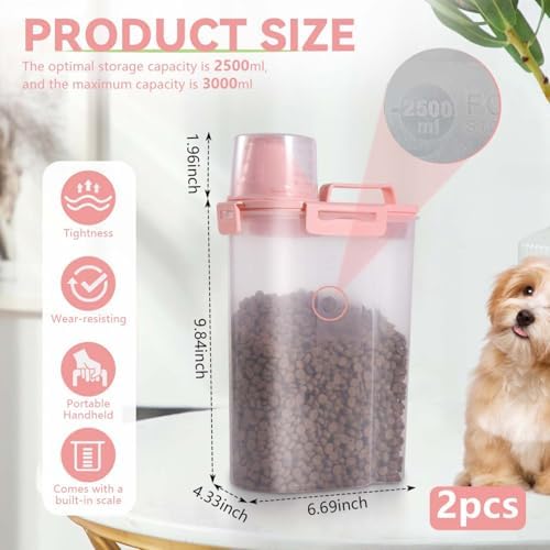 SenseYo 2 Pack 2.5lb Pet Food Storage Container with Measuring Cup, 3L Cat Food Storage Container Dog Food Storage BPA Free for Small Dog, Cat, Bird (Pink) - Image 2