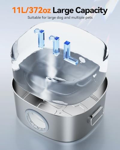 Dog Water Fountain Stainless Steel, 11L/2.8Gal Large Pet Water Fountain for Large Dogs Inside, Dog Fountain Water Bowl Automatic Dispenser with Visible Window & LED, Ultra Quiet (with 8pcs Filters) - Image 2