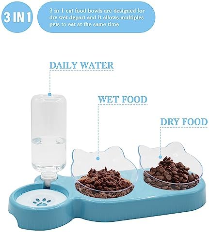 Sky Blue Triple Cat Bowls with 15 Tilt, 3-in-1 Automatic Water & Food Feeder, Whisker-Friendly Elevated Dishes for Small Cats & Puppies - Image 2