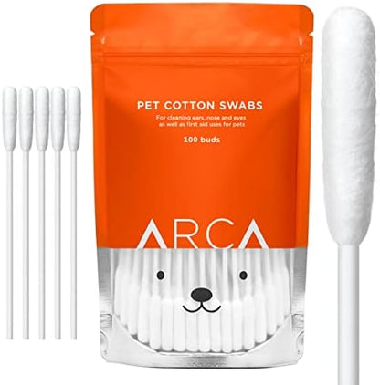ARCA PET Cotton Swabs for Dogs and Cats - Cat & Dog Ear Cleaner Long Cotton Swab - Extra Long Stick, Cat & Dog Ear Cleaning Kit for Puppies and Pets, Multipurpose Pet Cotton Swabs for Ears (100 Buds) by ARCAPET