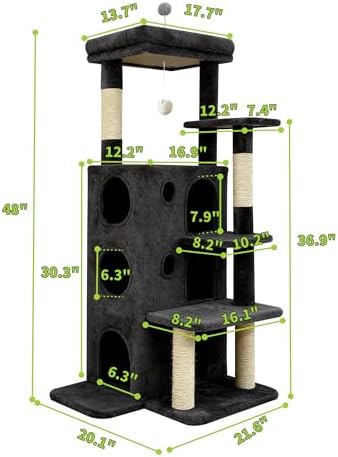 48" Cat Tree Tower for Indoor Cats, Multi-Level Cat House for Large Cats with 3 Cozy Cat Condos, Extra Large Top Perch, Sisal Scratching Posts & Climbing Steps, Dark Gray - Image 2