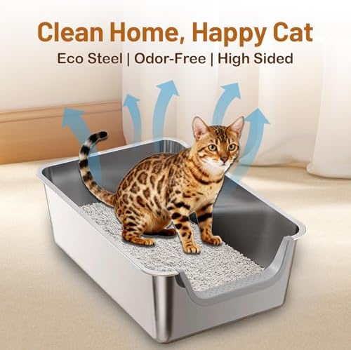 Stainless Steel Cat Litter Box, Steel Litter Pan with Curved Low Entry, Leak Proof 6 Inch High Side for Urine, Easy Entry for Kittens Older Cats, No Slip, 23.6" x 15.7" x 7.9", Grey - Image 6