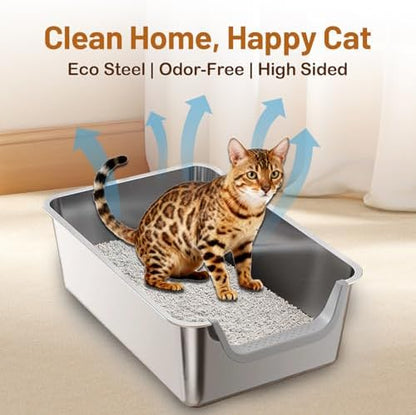 Stainless Steel Cat Litter Box, Steel Litter Pan with Curved Low Entry, Leak Proof 6 Inch High Side for Urine, Easy Entry for Kittens Older Cats, No Slip, 23.6" x 15.7" x 7.9", Grey - Image 6