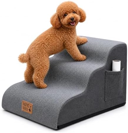 Mini 3-Step Dog Stairs for Small Dogs & Cats, 11.8" H Non-Slip Pet Steps with Side Storage Pocket, Sturdy High Density Foam Dog Ramp for Sofa, Couch & Chair, Washable Cover, Grey by NOFKYNOXA
