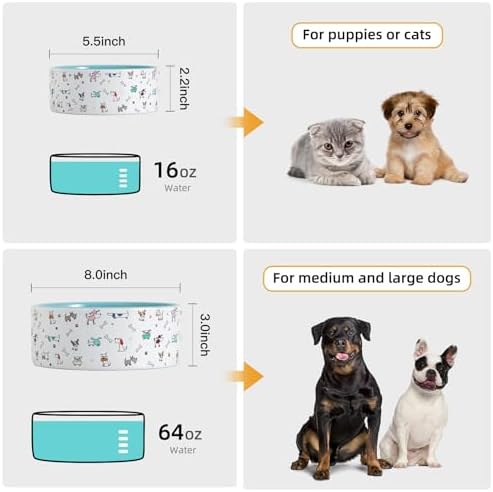 FE FUN ELEMENTS Ceramic Dog Bowls for Small Dogs, 16 Fl Oz Heavy Food and Water Bowl With Adorable Patterns (Small, Blue) - Image 3