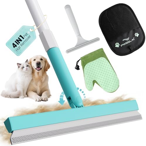 Carpet Rake for Pet Hair Removal Tool - 4 in 1 Pet Hair Remover Kit for Dog Cat Fur Remover, Contain 60" Adjustable Rubber Broom, Glove, Magic Brush and Scraper for Furniture (Blue) by PWBSLAI