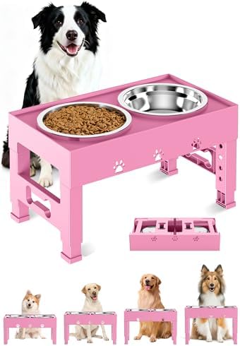 Elevated Dog Bowls with 2 Stainless Steel Bowls, 5-Height Adjustable Stand (3.1", 9" to 12"), for Improved Digestion & Neck Support, Easy Clean, Non-Slip Base Raised Feeder for Medium Large Dogs by LAKIPETNPetSupplies