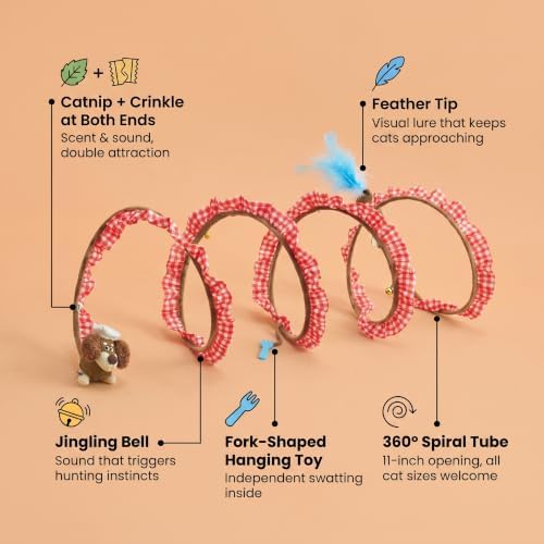 ZEZE Monica Spring Cat Tunnel Toy with Catnip & Crinkle, 360° Spiral Tube, Feather Tip, Bell & Hanging Toy, 11-Inch Opening, Collapsible Cat Tunnel for Indoor Cats - Image 3
