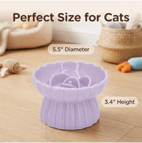 Ceramic Slow Feeder Cat Bowl, Elevated Cat Slow Feeder Bowl, Anti Vomiting for Dry and Wet Food, Purple - Image 2
