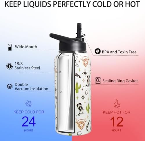 32oz Western Stainless Insulated Aater Water Bottle with Straw,Western Cow Skull Gym Hiking Sports Coffee Mug Cup Water Bottles,Western Cow Skull Cowboy Copper Cowgirl Decor Stuff Accessories - Image 4