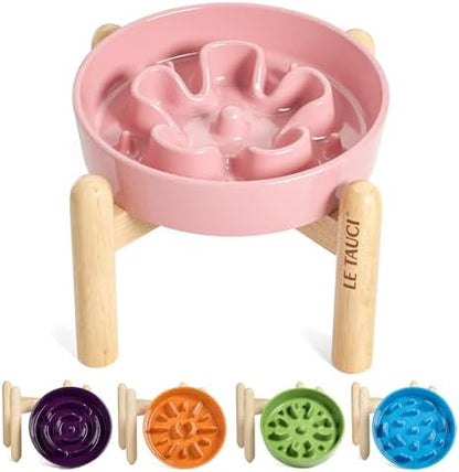 LE TAUCI Ceramic Slow Feed Dog Bowls, Elevated for Small Breeds, Anti-Gulping, Non-Slip, 6 inch, Pink by LETAUCI