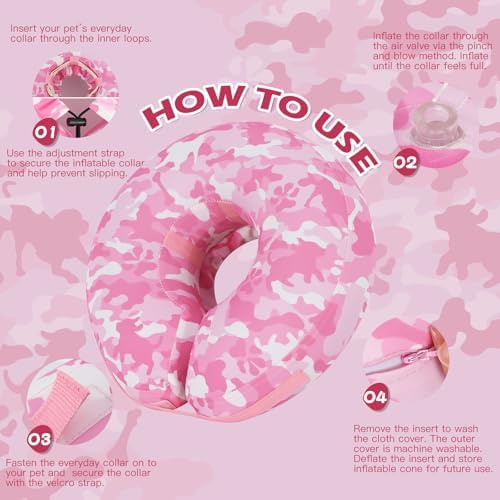 IEUUMLER Inflatable Recovery Dog Cone Collar, Neck Donut Protective ECollar, Adjustable Soft Collar for Dog and Cat After Surgery Prevent from Biting & Licking EU020 Pink Camo M - Image 5