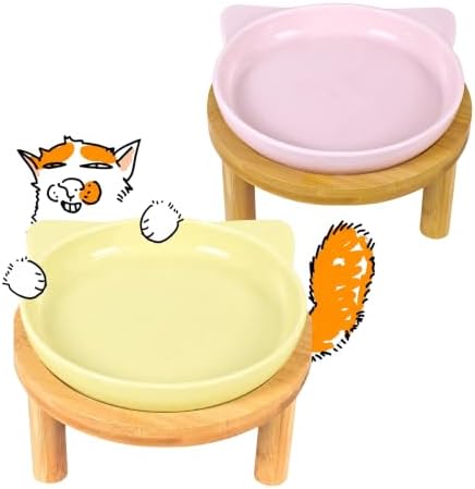 Elevated Ceramic Cat Bowls with Bamboo Stand for Cat Bowl, Whisker Friendly Shallow Cat Plate, Stable Raised Cat Food Riser for Indoor Cats (Pink+Yellow, Plates with Stands(Set of 2)) by Tafelf