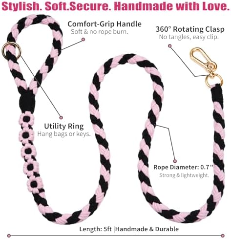 5FT Braided Cotton Rope Leash for Small, Medium and Large Dogs, Black & Pink Color - Image 6