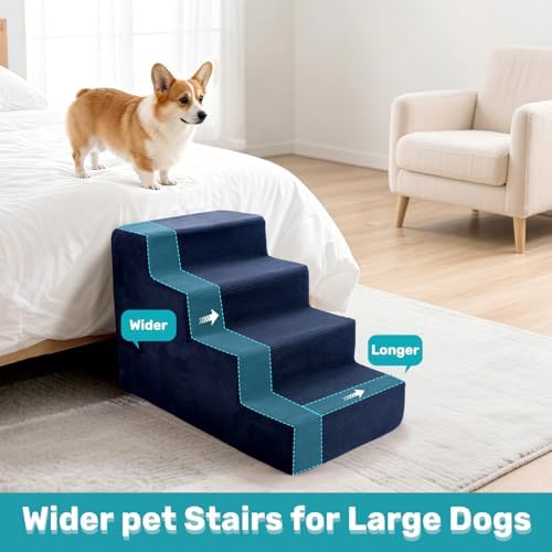 Dog Stairs for Bed, Extra Wide 4-Step Dog Steps for High Bed, High-Density Foam Pet Stairs with Non-Slip Removable Washable Cover for Small Pets, 18" H, Navy - Image 7