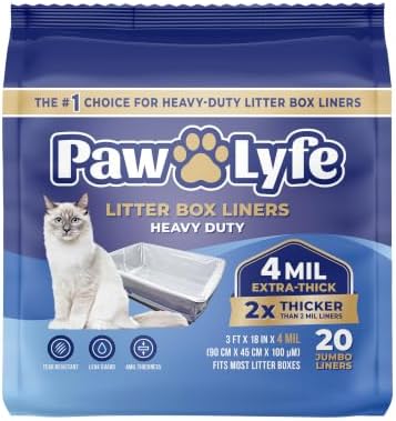 PawLyfe Jumbo Cat Litter Box Liners - 4MIL Extra Thick Heavy Duty Drawstring Kitty Litter Bags - Scratch and Tear-Resistant XL Cat Pan Liners for Easy Litterbox Cleanup - 36" x 18" - Box of 20 Liners by PawLyfe