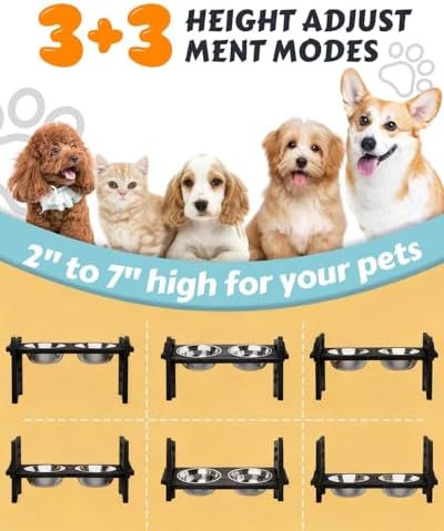 Jovrun Elevated Dog Bowls, Adjustable Raised Dog Bowl Stand for Small Size Dogs and Cats, 15°Tilted Elevated Cat Bowls, Durable Bamboo Dogs Feeder with 2 Stainless Steel Bowls and Non-Slip Feet - Image 2