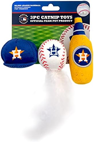 BEST PLUSH CAT TOY - MLB HOUSTON ASTROS Complete Set of 3 piece Cat Toys filled with Fresh Catnip. Incld: 1 Baseball Cap Cat Toy, 1 Baseball Cat Toy with Feathers & 1 Beer Bottle. Beautiful Team LOGOS by PETSFIRST