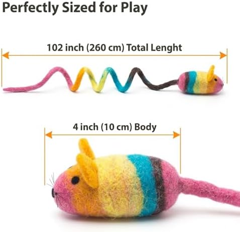 Glaciart One Felt Mouse Cat Toy – Soft Fuzzy Enrichment 100% Natural Wool - Interactive Catnip Play Cat Toy Set - Safe for Pets, Non-AZO Colored Dyes - 100” Long - Image 3