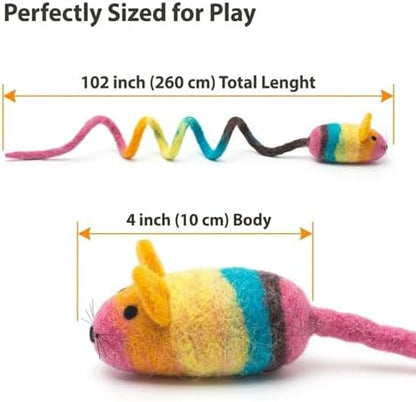 Glaciart One Felt Mouse Cat Toy – Soft Fuzzy Enrichment 100% Natural Wool - Interactive Catnip Play Cat Toy Set - Safe for Pets, Non-AZO Colored Dyes - 100” Long - Image 3