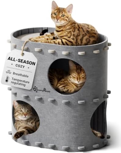DownyPaws Cat House for Indoor Cats, 2-Storey Cat Bed Cave, Light Gray by DownyPaws