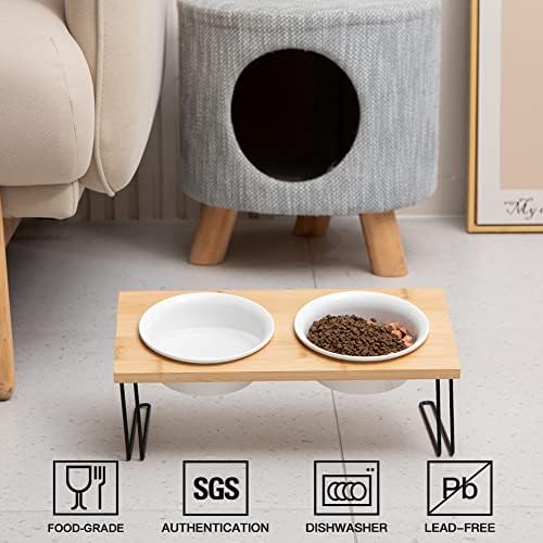 Sweejar Ceramic Elevated Cat Bowls, Small Dog Bowls, 15° Tilted Raised Pet Bowl with Solid Wooden Stand to Protect Spine, Water and Food Feeder for Cat and Dog, Pack of 2 (White) - Image 2